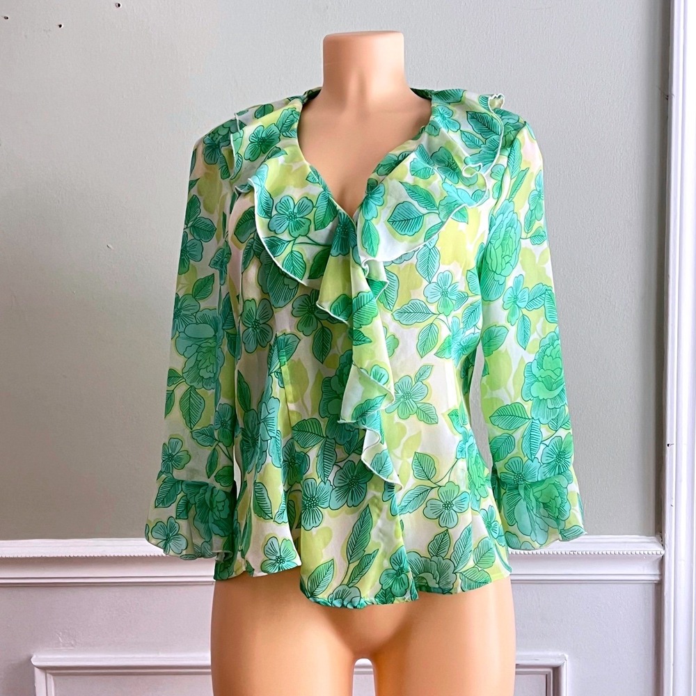 Investments Floral Ruffle Blouse Sz M Green Cottagecore Fairy Romantic Date Nite